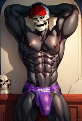 abs ai_generated baseball_cap biceps black_body blush gay hand_on_head jockstrap jockstrap_only looking_at_viewer male male_only muscular muscular_male nipples nude_male open_mouth pecs river_city_girls skull_head skullmageddon toned_body toned_male twall97