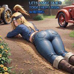 ai_generated big_butt butt_focus deidara farm farmer femboy femboy_focus flowers jeans looking_at_viewer naruto naruto_shippuden posing solo solo_focus text thick_thighs yaoi