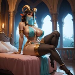 ai_generated alluring arabian_clothes cleavage dark_hair eogard_orc face_veil goat_girl goat_horns goat_legs gold_jewelry hooves huge_breasts loincloth orange_eyes self_upload sitting sitting_on_bed stable_diffusion thick_thighs