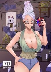 1girls 7dollarts areolae ayase_seiko big_breasts breasts cigarette_in_mouth dandadan eyewear female freckles freckles_on_breasts freckles_on_shoulders gilf glasses holding_object light-skinned_female light_skin mature_female nipple_slip nipples standing tied_hair white_hair