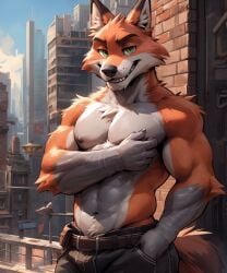 ai_generated anthro belt biceps bottomwear city claws clothing detailed_background detailed_fur ears_up fur green_eyes grey_body grey_skin kuranoidss looking_at_viewer male male_only muscular_male nick_wilde nipples orange_body orange_fur pants solo teeth zootopia