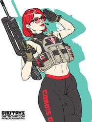 1futa assault_rifle bulge dmitrys flaccid flaccid_penis futanari gun hourglass_figure joelle_(jjfrenchie) sideboob solo solo_futa standing tactical_gear tactical_vest tagme weapon