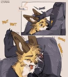 anthro anthro_on_anthro anthro_penetrated anthro_penetrating anthro_penetrating_anthro autumn_(outumn) balls bodily_fluids breath canid canine cum cum_in_mouth cum_inside duo erection fellatio fennec_fox fox fur genital_fluids genitals glans grey_body grey_fur hand_on_head hemuchang hi_res humanoid_genitalia humanoid_penis male male/male male_penetrated male_penetrating male_penetrating_male mammal open_mouth oral penetration penile penis sex shin_(hemuchang) tongue tongue_out true_fox whiskers yellow_body yellow_fur