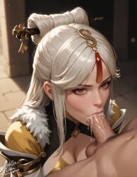 1boy 1girls ai_generated blowjob cleavage cum cum_in_mouth eidedodidei female genshin_impact ningguang_(genshin_impact) red_eyes self_upload straight