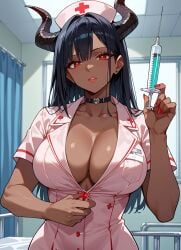 ai_generated black_hair choker cosplay costume dark-skinned_female fit_female holding_object hospital large_breasts looking_at_viewer nurse_outfit one_female red_eyes roleplay seductive seductive_look succubus succubus_horns syringe tease undoing_clothing yhozuko