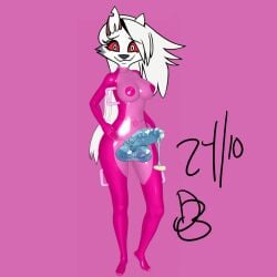 cum cum_drip daddy_bandit_(artist) edit furry futanari handles helluva_boss inflatable loona_(helluva_boss) pink_background red_eyes sex_doll white_hair