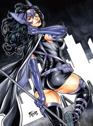 1girls 2018 ass big_breasts birds_of_prey black_boots black_cape black_hair blue_eyes boots breasts busty city cityscape curvy dated dc dc_comics ed_benes_studio female female_only fred_benes gloves helena_bertinelli human huntress_(dc) justice_league long_hair mask purple_gloves purple_mask signature solo staff superheroine tight_clothing vigilante voluptuous white_cape