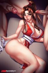 1girls 2boys artist_name big_breasts breasts brown_hair clothing curvy fatal_fury female hair king_of_fighters lord_dominik mai_shiranui male masturbation multiple_boys no_bra penile_masturbation penis_grab snk straight threesome video_games watermark