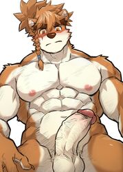 2019 abs anthro biceps canid canine cartuja epic7 fur hair hi_res humanoid_penis kumak71395 male male_only mammal multicolored_fur muscular muscular_male nipples nude pecs penis simple_background solo