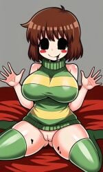 5_fingers ai_generated bedroom black_eyes blush_stickers busty chara chara_(undertale) creepy_face creepy_smile drool drooling female green_sweater green_thighhighs kneeling no_pupils no_underwear pale_skin pixai red_bed_sheet smile solo striped_sweater thighhighs undertale undertale_(series) virgin_killer_sweater