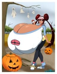 1girls breasts_bigger_than_head breasts_bigger_than_torso bursting_breasts halloween hyper hyper_breasts long_hair massive_breasts pokemon pumpkin solo_female sweetscentedcrescent tagme