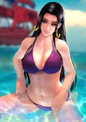 big_breasts big_breasts bikini black_hair blue_eyes blue_sky boa_hancock bra breasts busty cleavage clouds curvy earrings empress female female female_only galakushi human jewelry kneeling long_hair ocean one_piece panties pink_lips pirate pirate_ship purple_bikini purple_bra purple_panties sails shichibukai ship solo voluptuous wading wooden_ship