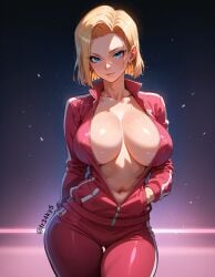 ai_generated android_18 cleavage dragon_ball dragon_ball_z fr34ky huge_breasts mature_female milf track_jacket track_pants track_suit