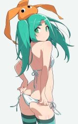 aqua_hair ass ass_focus back_view bare_arms bare_shoulders bikini bikini_bottom_pull blush body_blush breasts butt_crack closed_mouth green_eyes green_thighhighs hat long_hair monogatari_(series) ononoki_yotsugi shiny_skin side-tie_bikini_bottom small_breasts string_bikini thighhighs thighs twintails white_bikini yamanami_kousuke zettai_ryouiki