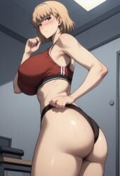 1girls adjusting_clothes ai_generated ass asurai bangs black_panties blonde_hair blush breasts brown_eyes cha_hae_in closed_mouth huge_breasts indoors large_breasts looking_at_viewer looking_back panties short_hair solo solo_leveling sports_bra sweat thighs underwear