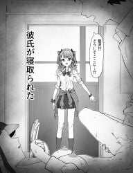 1boy 2girls :d absurdres bow bowtie breasts clothes_around_waist commentary_request faceless faceless_female faceless_male greyscale hair_ornament hairclip highres kneehighs long_hair monochrome multiple_girls netorare nipples original reverse_netorare school_uniform scrunchie sex smile socks straight sweat translation_request wrist_scrunchie yugudora460