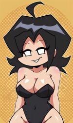 ai_generated arms_behind_back bangs black_bunnysuit black_hair breasts bunnysuit clothed curvy female friday_night_funkin long_hair looking_at_viewer nene nene_(newgrounds) newgrounds orange_background pixai smile solo thick_thighs upper_body white_eyes