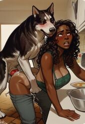 1animal 1boy 1girls ai_generated black_hair blush breasts brown_eyes canine cum cum_in_pussy cum_on_ass curly_hair dark-skinned_female female female_on_feral feral huge_cock human human_on_feral husky kitchen knot knotting long_hair male male/female male_on_human mind_break primal_urges size_difference tan_body tan_skin voluptuous zoophilia