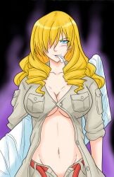 1girls big_breasts blonde_hair blue_eyes breasts busty cleavage drill_hair female female_only hair_over_one_eye highres large_breasts looking_at_viewer mature mature_female mature_woman mouth_hold naughty_face navel open_clothes open_shirt oriana_thompson sensual smile solo to_aru_majutsu_no_index unbuttoned unbuttoned_pants unbuttoned_shirt underboob unzipped unzipped_pants voluptuous