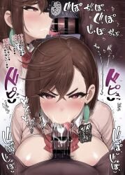 1boy 1girls ayase_momo black_penis bowtie brown_hair cum cum_in_mouth dandadan dark-skinned_male dark_penis fellatio hiiro_h looking_at_partner looking_at_viewer pubic_hair red_bowtie text tits_out tongue tongue_out_blowjob