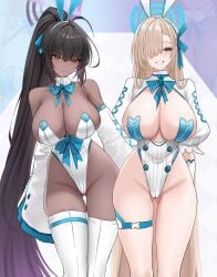 2girls abp_art asuna_(blue_archive) black_hair blind blue_archive blue_eyes breasts bunny_ears bunny_girl bunnysuit chocolate_and_vanilla cleavage dark-skinned_female dark_skin female hair_over_one_eye hips huge_breasts karin_(blue_archive) long_hair naughty_face thick_thighs thighs wide_hips yellow_eyes