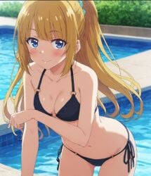 ai_generated bikini black_bikini blonde_female blonde_hair blue_eyes classroom_of_the_elite hair_scrunchie karuizawa_kei ponytail poolside smiling_at_viewer 平成アニメファン