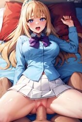 1girl ai_generated anal_sex blonde_female blonde_hair blue_eyes blue_shirt busty_female censored_penis censored_pussy classroom_of_the_elite climaxing hair_scrunchie karuizawa_kei laying_on_bed long_hair lying_on_back lying_on_bed mumeiai no_panties open_mouth pleasure_face ponytail purple_bow school_uniform schoolgirl tongue_out white_skirt