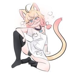 1girls anonymous_artist blonde_hair blue_eyes blush cat_ears cat_tail chastity_device glasses heart-shaped_pupils indie_virtual_youtuber minikomew pasties sketch solo virtual_youtuber