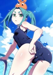 aqua_hair armpits ass ass_focus bare_arms bare_legs bare_shoulders bare_thighs blush body_blush breasts gesugesu_ahoaho getting_out_of_pool green_eyes hat long_hair monogatari_(series) one-piece_swimsuit ononoki_yotsugi open_mouth outdoors pool_ladder school_swimsuit shiny_skin small_breasts swimsuit swimsuit_pull thighs twintails