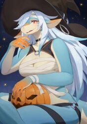 1girls anthro bandage bandaged_chest blue_body blue_highlights countershading dragon earrings female female_only hair_over_one_eye halloween hi_res jack-o'-lantern lcshian light_blue_body long_hair looking_at_viewer pointy_ears pumpkin red_eyes sitting smiling smiling_at_viewer solo starry_sky white_hair wingless_dragon witch_hat