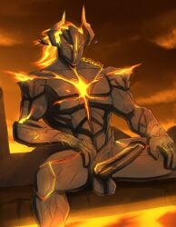 5_fingers acekhoexo armor balls big_penis black_balls black_body black_penis digital_media_(artwork) erection faceless_male fire_markings flame_hair fortnite genital_fluids glans glowing_eyes glowing_penis grey_body grey_penis highres humanoid lava lava_bath lava_creature looking_at_viewer male masked masked_men mineral_creature mineral_fauna muscular muscular_male nude nude_male pecs penis polus_(fortnite) ribbed_penis signature sitting solo_male stone stone_body