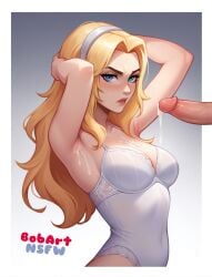 1boy 1girls ai_generated annoyed armpit_fetish armpits arms_behind_head arms_up bare_shoulders belly_button blonde_female blonde_hair blue_eyes bobartnsfw cleavage cum cum_between_breasts cum_drip cum_on_armpit cum_on_body cum_on_breasts cum_on_face cum_on_upper_body cumshot disembodied_penis from_side hairband league_of_legends league_of_legends:_wild_rift lingerie lingerie_only long_hair looking_at_viewer luxanna_crownguard penis scowl solo_focus stable_diffusion unimpressed uninterested watermark white_border white_hairband white_lingerie