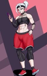 1boy abs bandaid femboy headband louque_(cocoaking435) male male_only mole mole_under_eye mole_under_mouth muscles muscular muscular_male phone ponytail red_eyes shorts sneakers socks solodimeleo white_hair