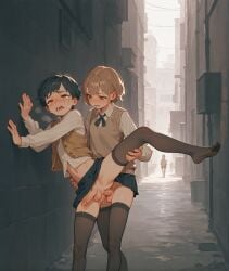 1boy 1girl ai_generated alley anal crying dubious_consent futa_on_male futa_with_male futanari navel penis short_skirt soles stockings sweater_vest tagme