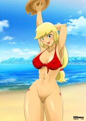 abs applejack_(eg) applejack_(mlp) beach bikini_top blonde_hair boobieboom bottomless bottomless_female breasts cowboy_hat equestria_girls erect_nipples erect_nipples_under_clothes freckles friendship_is_magic green_eyes my_little_pony my_little_pony_equestria_girls my_little_pony_friendship_is_magic pussy red_bikini red_bikini_top stetson vulva