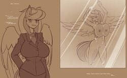 accidental_exposure anthro areola blush breasts brown_theme clothing dialogue english_text equid equine female female_only friendship_is_magic hasbro hi_res mammal monochrome my_little_pony nipples nude on_glass original original_character ostria_chime_(oc) pterippus scorpdk sepia soap suit text tongue tongue_out water wet wings