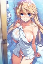 1girl ai_generated bath_towel blonde_female blonde_hair blue_eyes blush classroom_of_the_elite covered_breasts embarrassed_nude_female erect_nipples exposed_breasts fluxionis in_shower long_hair nanase_tsubasa panties shampoo_bottle sitting_in_the_shower wet_body white_panties