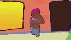 1girls 2d 2d_(artwork) artist_request beanie block_tales blocky_body breasts dark-skinned_female dark_brown_hair dark_skin exposed_breasts exposed_pussy hair kyoko_(block_tales) pants pink_beanie pink_shirt revealing roblox roblox_game robloxian simple_background simple_shading source_request tagme tits_out