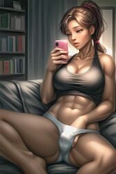 1girls abs ai_generated athletic athletic_female big_breasts bra breasts brown_hair female female_masturbation female_only fingering fingering_self fingering_under_clothes green_eyes hand_in_panties holding holding_object holding_phone jfxjxf living_room long_hair masturbation panties ponytail sitting sitting_on_sofa smartphone solo solo_female solo_focus sports_bra spread_legs underwear underwear_only watching_porn white_panties