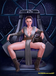 1girls breasts cleavage death_star emperor's_throne_room female female_only half-dressed half_naked helmet human kylo_ren legs looking_at_viewer no_bra no_panties open_legs posing rey rzhevskii sitting solo spread_legs spreading star_wars the_force_awakens throne