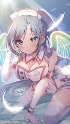 angel big_breasts blush clothed d4dj feathers gloves long_hair niijima_ibuki nurse shindoi_akio watermark