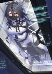 absurdly_long_hair ankle_cuffs aqua_eyes arms_under_breasts belt black_hair bodysuit bondage bound bound_arms bound_legs breasts breathing_tube chains commentary_request female glass_door highres holographic_monitor large_breasts long_hair looking_at_viewer menou_74 original oxygen_mask padded_walls prison_cell pussy_juice sex_machine solo spreader_bar stirrup_legwear straitjacket suspension toeless_legwear tube very_long_hair white_bodysuit