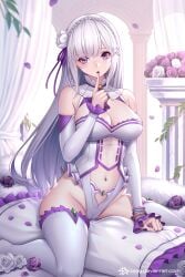 1girls :o adapted_costume bare_midriff bare_shoulders bare_thighs blush bracelet braid breasts cameltoe cleavage cleavage_cutout clothing_cutout commission crown_braid detached_sleeves deviantart_username emilia_(re:zero) female female female_only finger_to_mouth flower frilled_pillow frills grey_hair groin hair_flower hair_ornament hair_ribbon highres index_finger_raised indoors jewelry jurrig large_breasts leotard long_hair long_sleeves looking_at_viewer md5_mismatch midriff navel navel_cutout open_mouth petals pillar pillow pixiv_commission purple_eyes purple_ribbon re:zero_kara_hajimeru_isekai_seikatsu ribbon rose_petals sitting solo stomach straddling thighhighs thighs white_flower white_leotard white_thighhighs x_hair_ornament