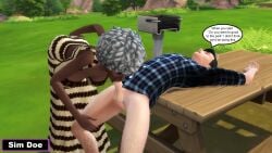 1boy 1girls age_difference big_breasts black_hair blowjob caption couple ebony english_text female gilf grandmother granny grey_hair interracial male male/female older_female original_characters sim_doe sims4 speech_bubble text younger_male