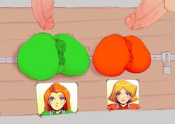 2girls anus anus_visible_through_clothes apostle ass backblast bad_anatomy big_ass blue_eyes clothed clothing_skin clover_(totally_spies) dat_ass edit female huge_ass penis puffy_anus pussy rear_view sam_(totally_spies) sunnysundown through_wall tight_clothes tight_clothing totally_spies