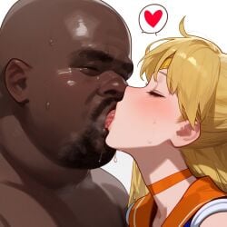 1boy 1girls ai_generated armpits arms_behind_back arms_up bishoujo_senshi_sailor_moon blonde_female blonde_hair blue_eyes blue_ribbon blush breast_lick breast_sucking breasts dark-skinned_male fat_man gloves headwear heart heart_symbol huge_breasts jewelry licking long_hair magical_girl minako_aino old_man older_man_and_teenage_girl red_ribbon ribbon s sailor_collar sailor_uniform sailor_venus saliva saliva_trail skirt straight sweat sweating tongue tongue_out ugly_bastard visible_nipples