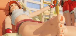 2girls 3d barefoot beach brown_hair closed_eyes feet female female_focus foot_fetish giantess hexmakiac kiriko_(overwatch) lifeguard_kiriko lifeguard_mercy light-skinned_female light_skin mercy overwatch overwatch_2 shrinking