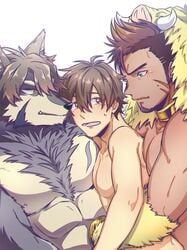 3boys abs anthro anthro_on_human anthro_on_male blush canid canine canis facial_hair from_behind_(disambiguation) gay goatee group group_sex gullinbursti_(tokyo_afterschool_summoners) headdress hug human human_on_anthro humanoid interspecies male male/male male_on_anthro male_only mammal muscular muscular_male nude pecs protagonist_(tokyo_afterschool_summoners) protagonist_4_(tokyo_afterschool_summoners) sex sweat temujin threesome tokyo_afterschool_summoners tusks video_games wolf yaoi yonsamo4