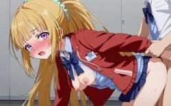 1girl ai_generated arms_grab_doggy_style blonde_female blonde_hair blue_shirt blue_skirt classroom_of_the_elite climaxing doggy_style embarrassed_female exposed_breasts fruit_paradise hair_scrunchie karuizawa_kei long_hair open_mouth purple_eyes red_jacket school_uniform schoolgirl shirt unbuttoned_shirt