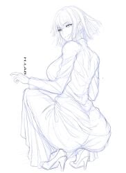 anime ass ass ass_focus back back_view big_ass big_butt clothed clothes clothing dress female female_focus female_only fubuki_(one-punch_man) h-lab h_lab1 high_heels one-punch_man shoes smile squatting